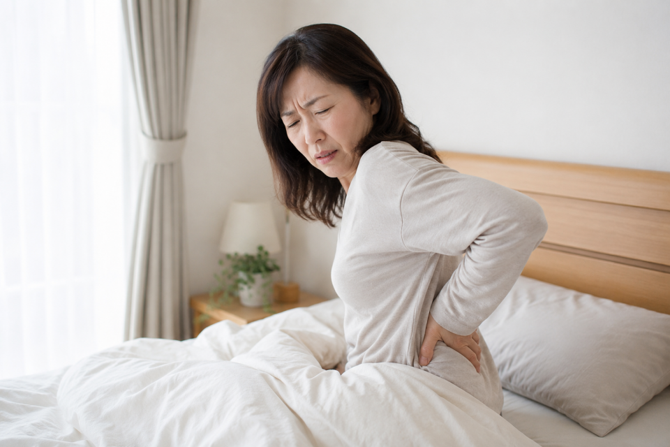 朝起きたときに腰の痛みを感じている50代女性