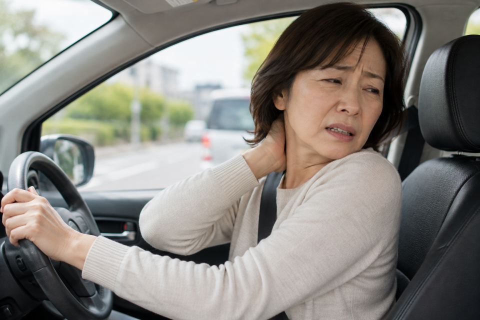 後ろを振り向くと首が痛くて困っている50代女性
