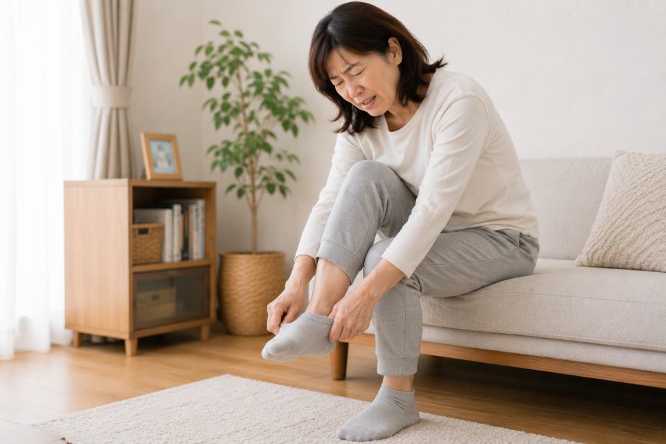 朝、靴下を履くために前かがみになっている50代女性