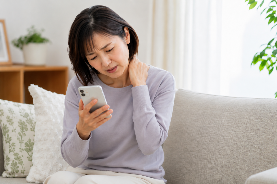 首が痛くて下を向く作業に困っている50代女性