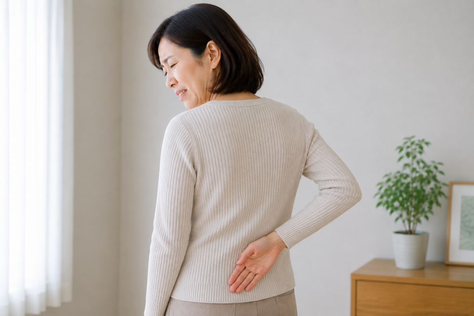 手が後ろに回せない50代女性