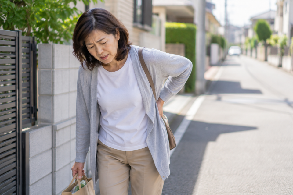 歩いていると腰の痛みを感じている50代女性