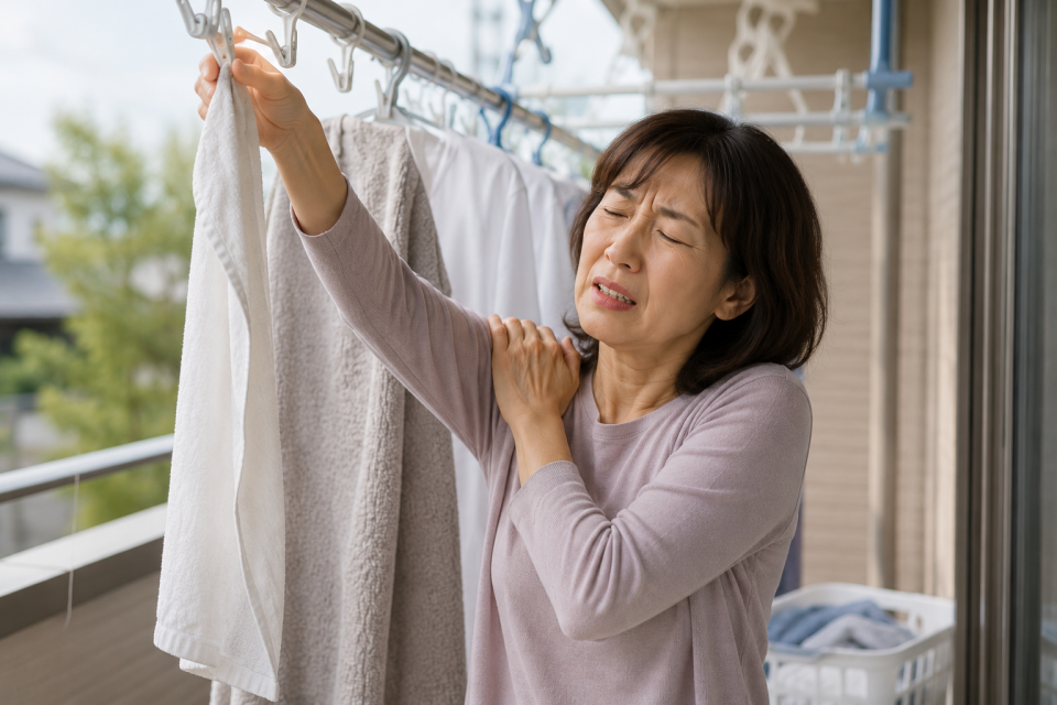 洗濯物を干すために腕を上げるのがつらい50代女性