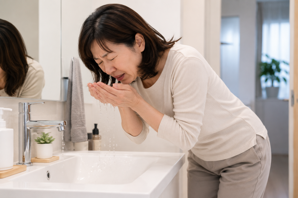 朝、洗面台で前かがみになると腰がつらい50代女性