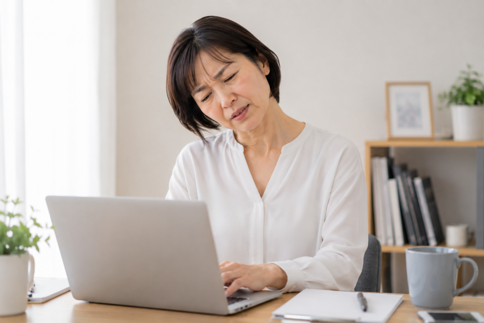 首の痛みで日常生活に困っている女性