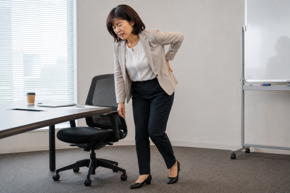会議で長時間座ったあと立ち上がり、歩き出すのがつらい50代女性