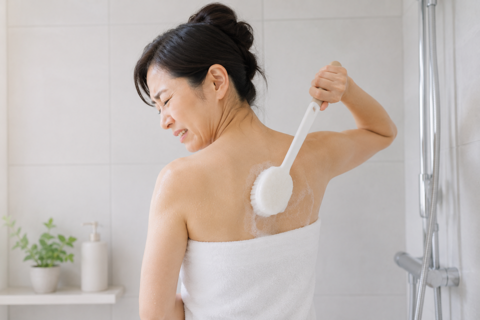 背中を洗うために腕を上げている50代女性