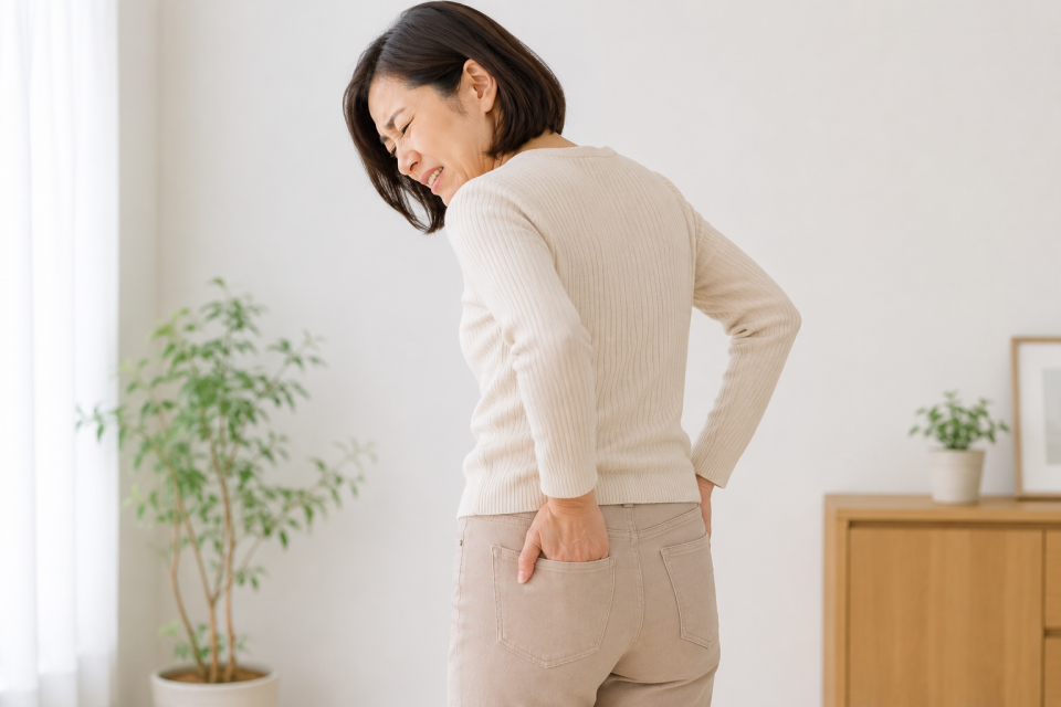 後ろポケットに手を入れようとして腕を回しづらい50代女性