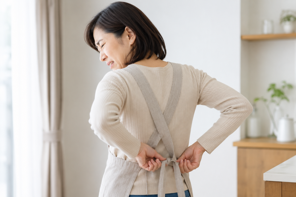 エプロンを着けるために腕を上げるのがつらい50代女性