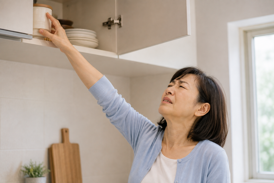 高いところの物を取ろうとして腕が上がらない50代女性