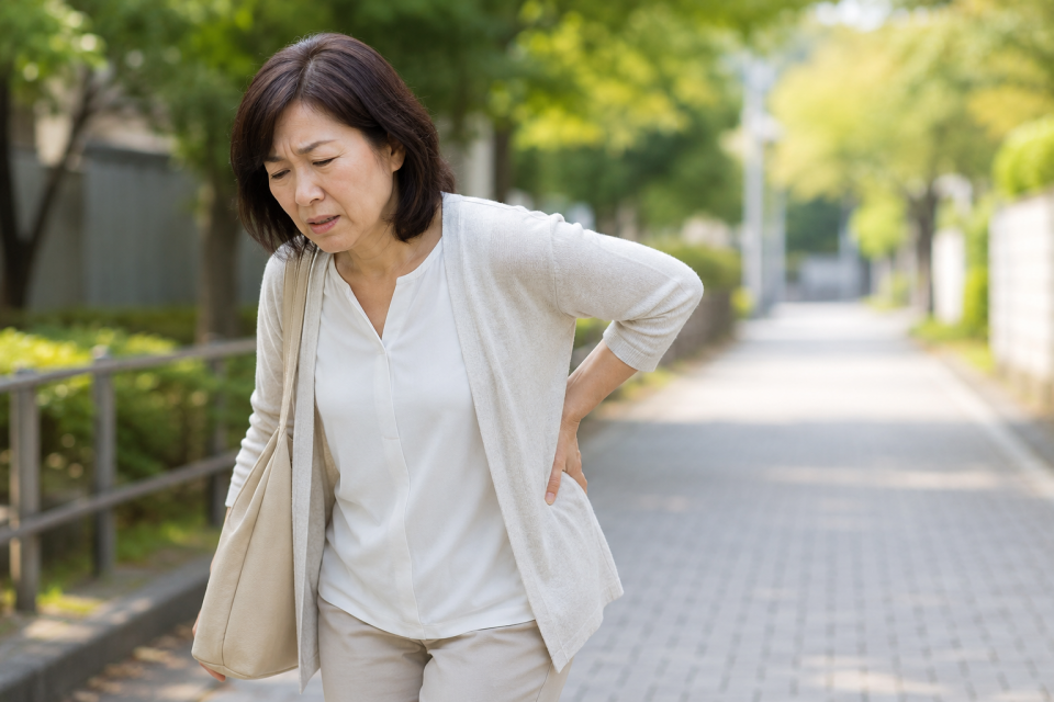 歩いている途中で腰の痛みを感じている女性