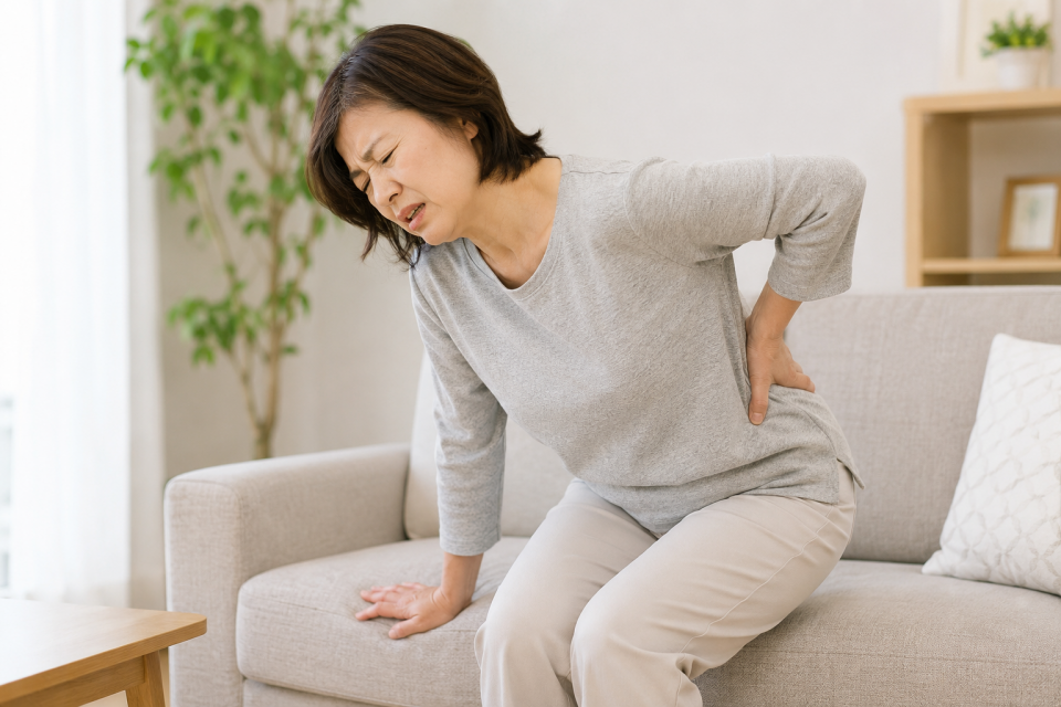 ソファから立つときに腰の痛みを感じている50代女性