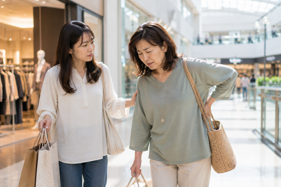 買い物中に腰の痛みを感じている50代女性