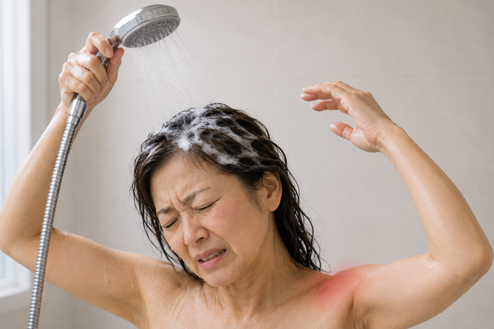 髪を洗うために腕を上げている50代女性