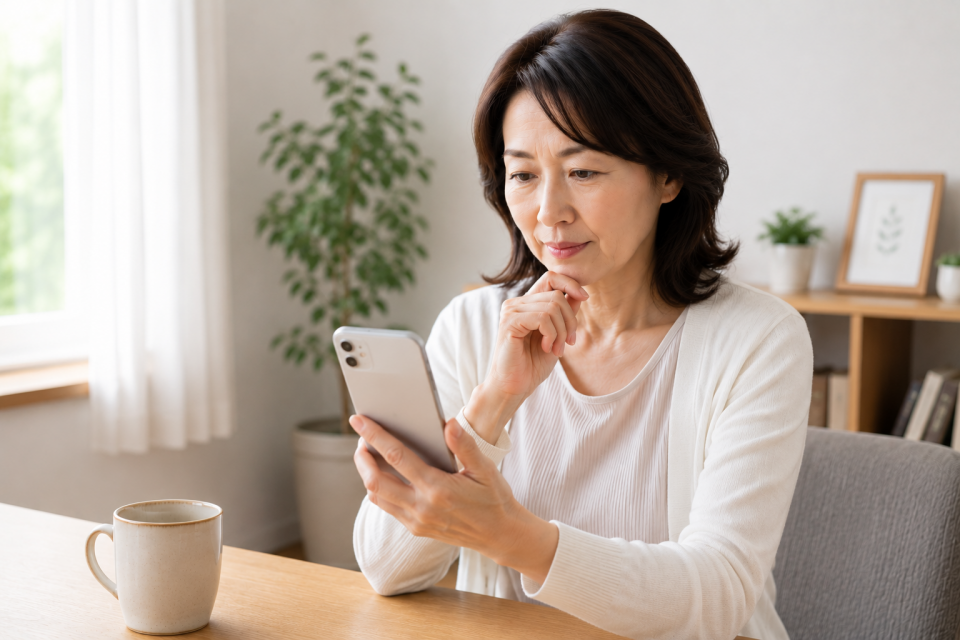スマートフォンで首の痛みの原因診断をする50代女性