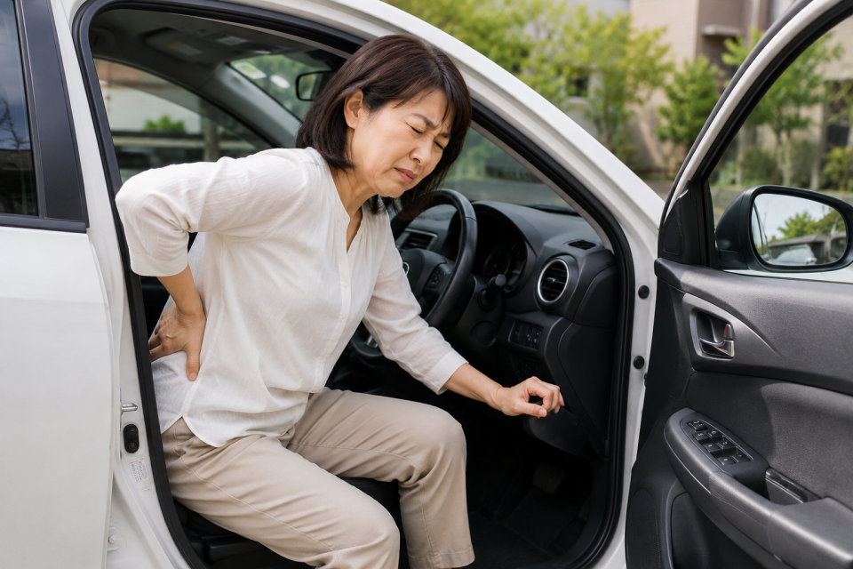 長時間の運転後、腰が痛くて前かがみになっている50代女性