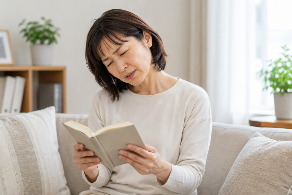 読書や書き物で下を向くと首が痛い女性