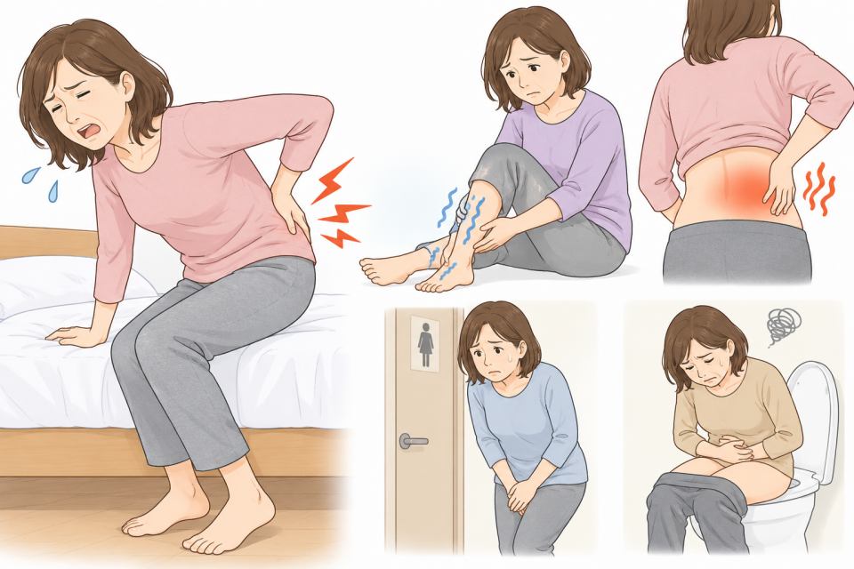 腰痛や脚のしびれについて医療機関で診察を受ける女性