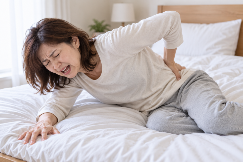 ぎっくり腰で腰を押さえている女性