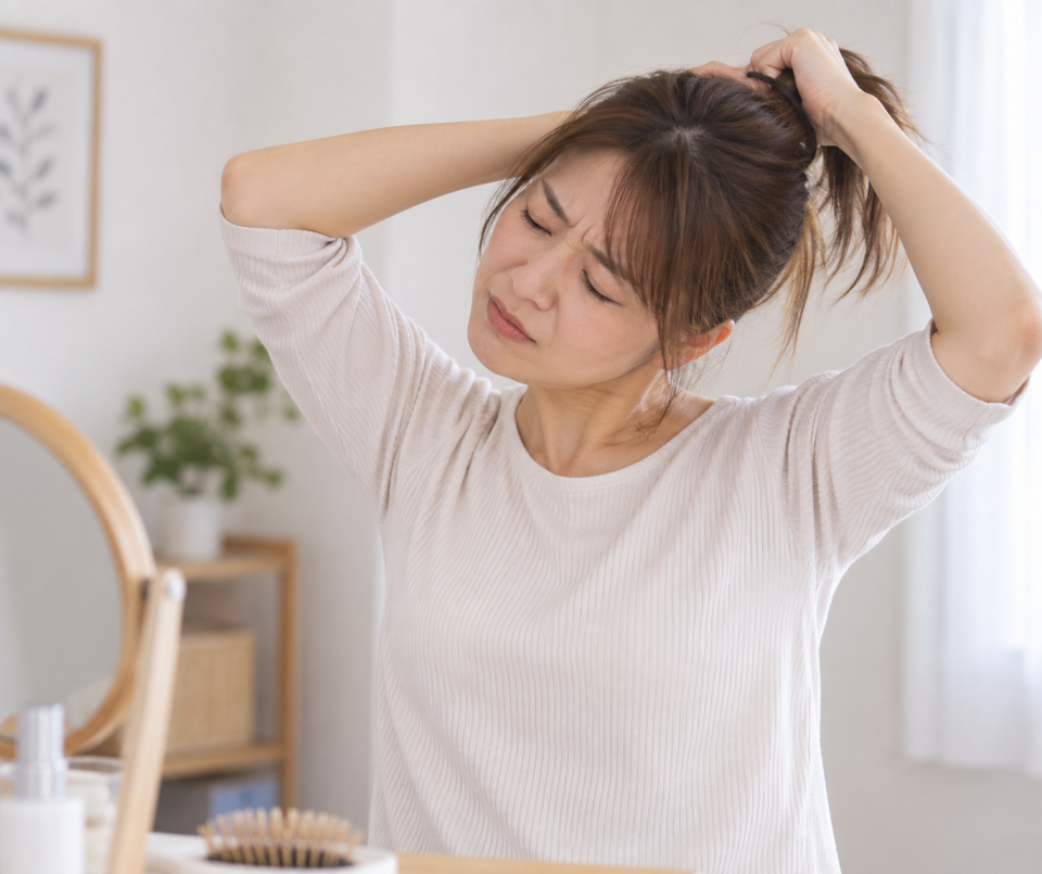 首を横に倒すと痛くて首を傾けている50代女性